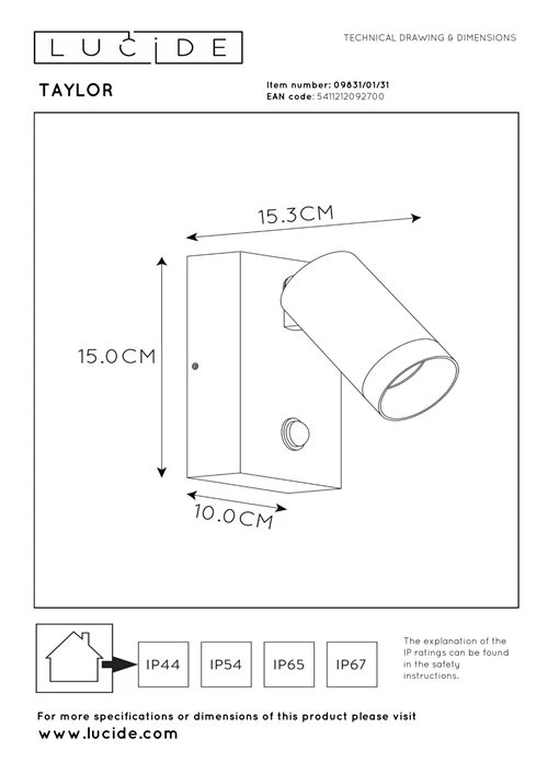Lucide TAYLOR - Spot mural / Applique mural Intérieur/Extérieur - 1xGU10 - IP54 - Détecteur De Mouvement - Blanc - technique